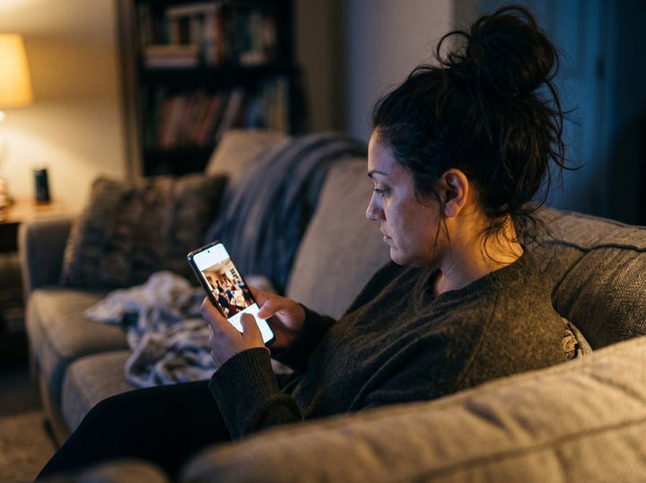 Una mamá mira en el celular una foto de una fiesta familiar