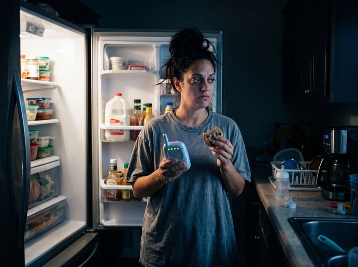 Una mamá frente al refrigerador abierto de madrugada, con el monitor del bebé y una galleta