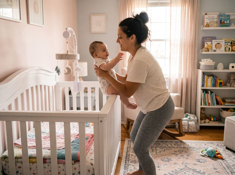 Una mamá levanta a su bebé de la cuna doblando las rodillas