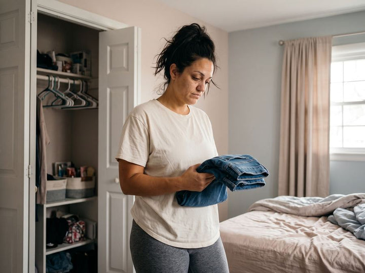 Una mamá mira unos jeans doblados frente al clóset